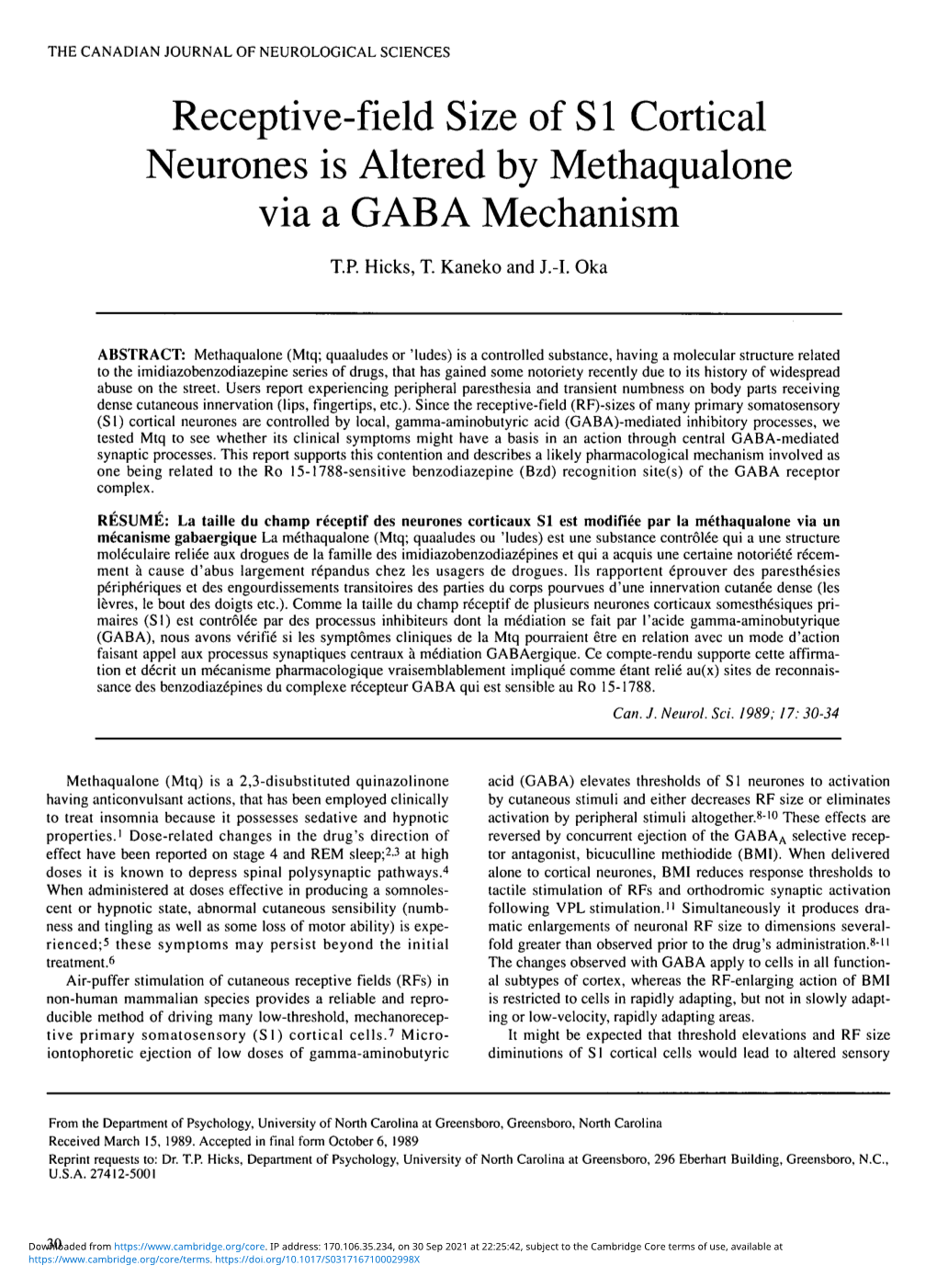 Receptive-Field Size of S1 Cortical Neurones Is Altered by Methaqualone Via a GABA Mechanism