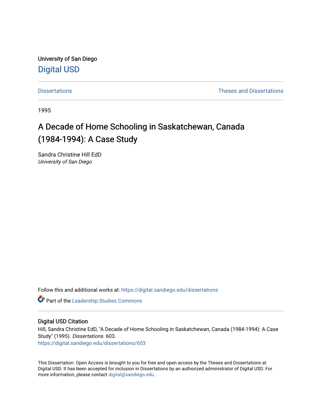 A Decade of Home Schooling in Saskatchewan, Canada (1984-1994): a Case Study