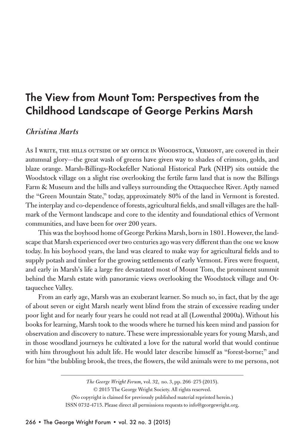 The View from Mount Tom: Perspectives from the Childhood Landscape of George Perkins Marsh