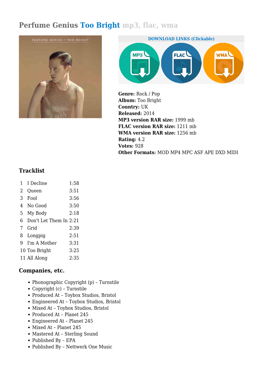 Perfume Genius Too Bright Mp3, Flac, Wma