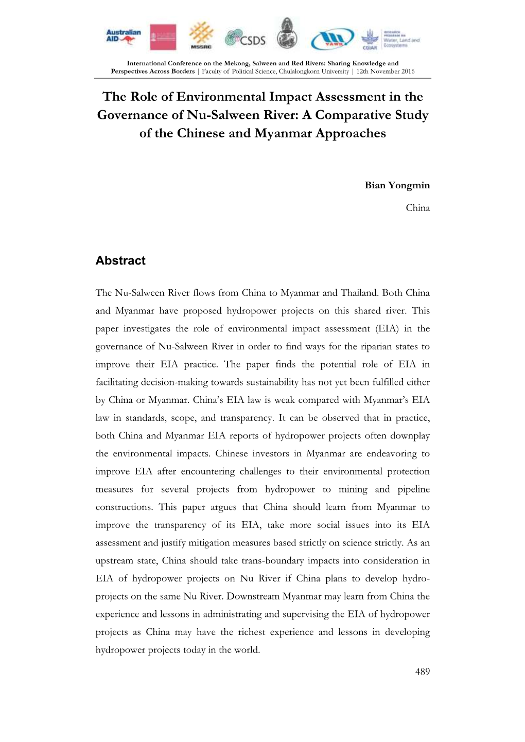 The Role of Environmental Impact Assessment in the Governance of Nu-Salween River: a Comparative Study of the Chinese and Myanmar Approaches