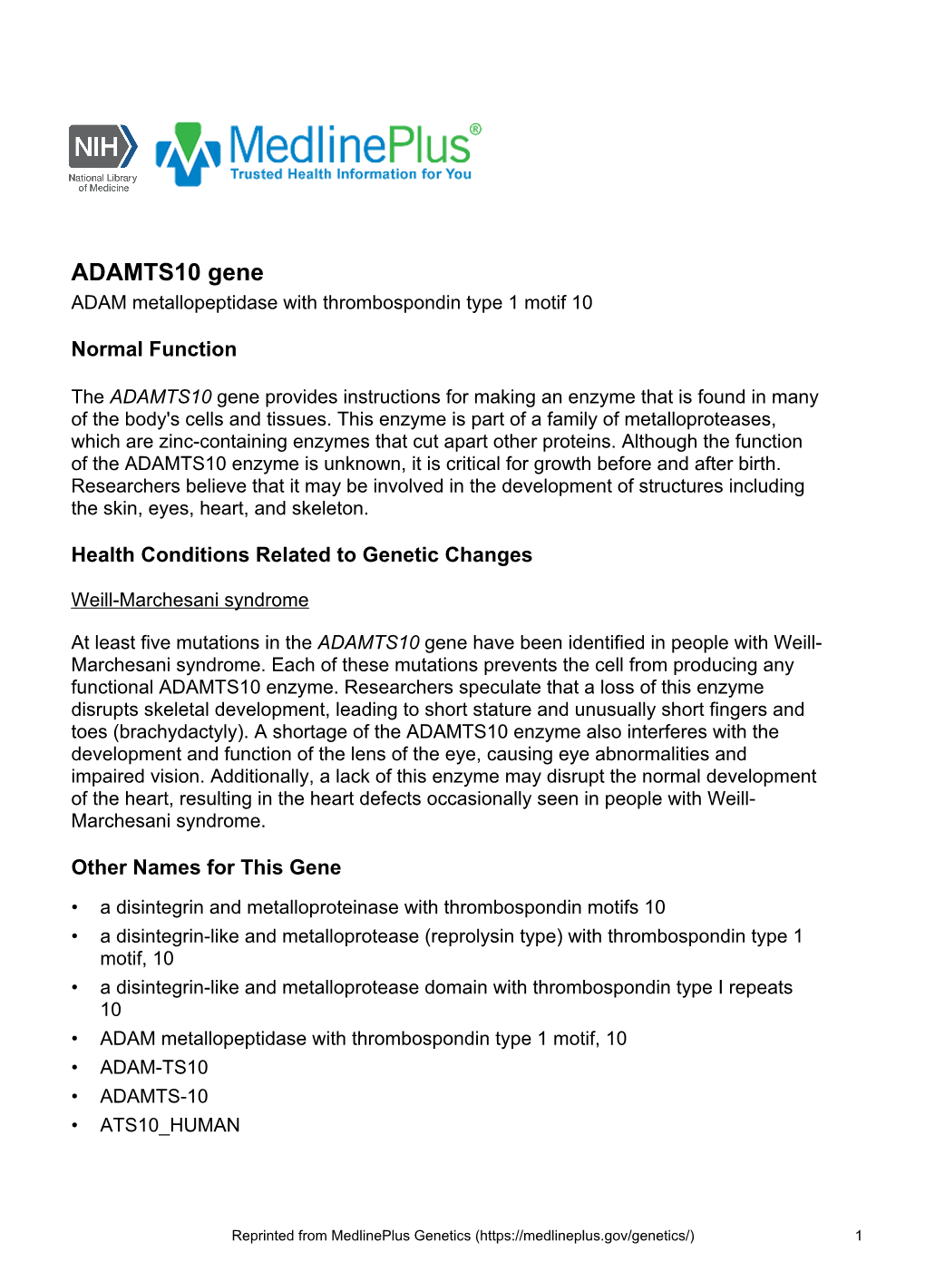 ADAMTS10 Gene ADAM Metallopeptidase with Thrombospondin Type 1 Motif 10