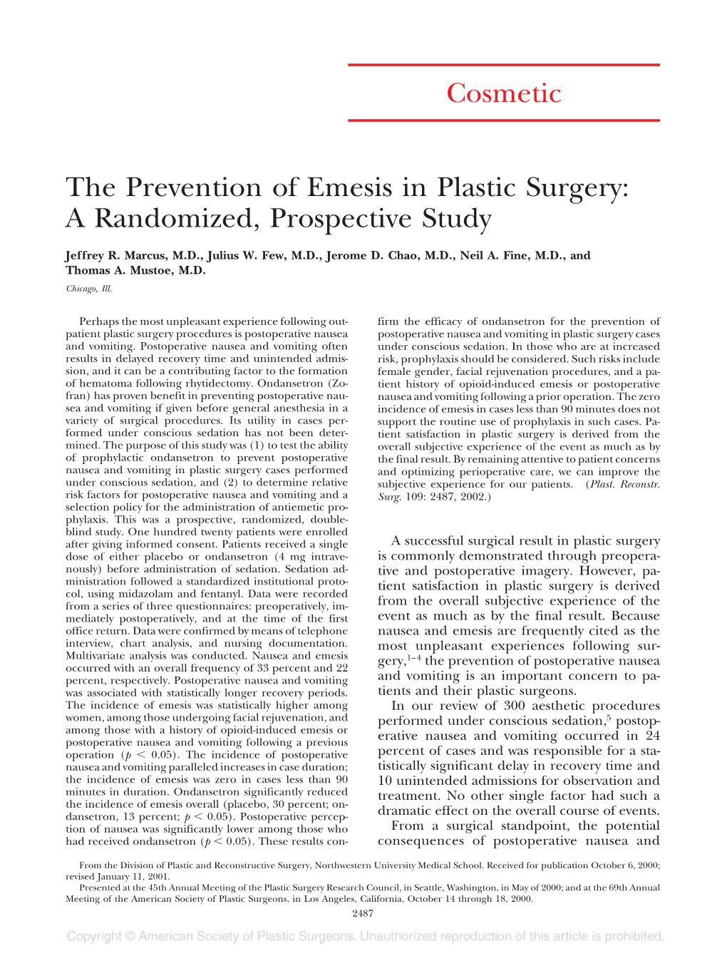 Cosmetic the Prevention of Emesis in Plastic Surgery