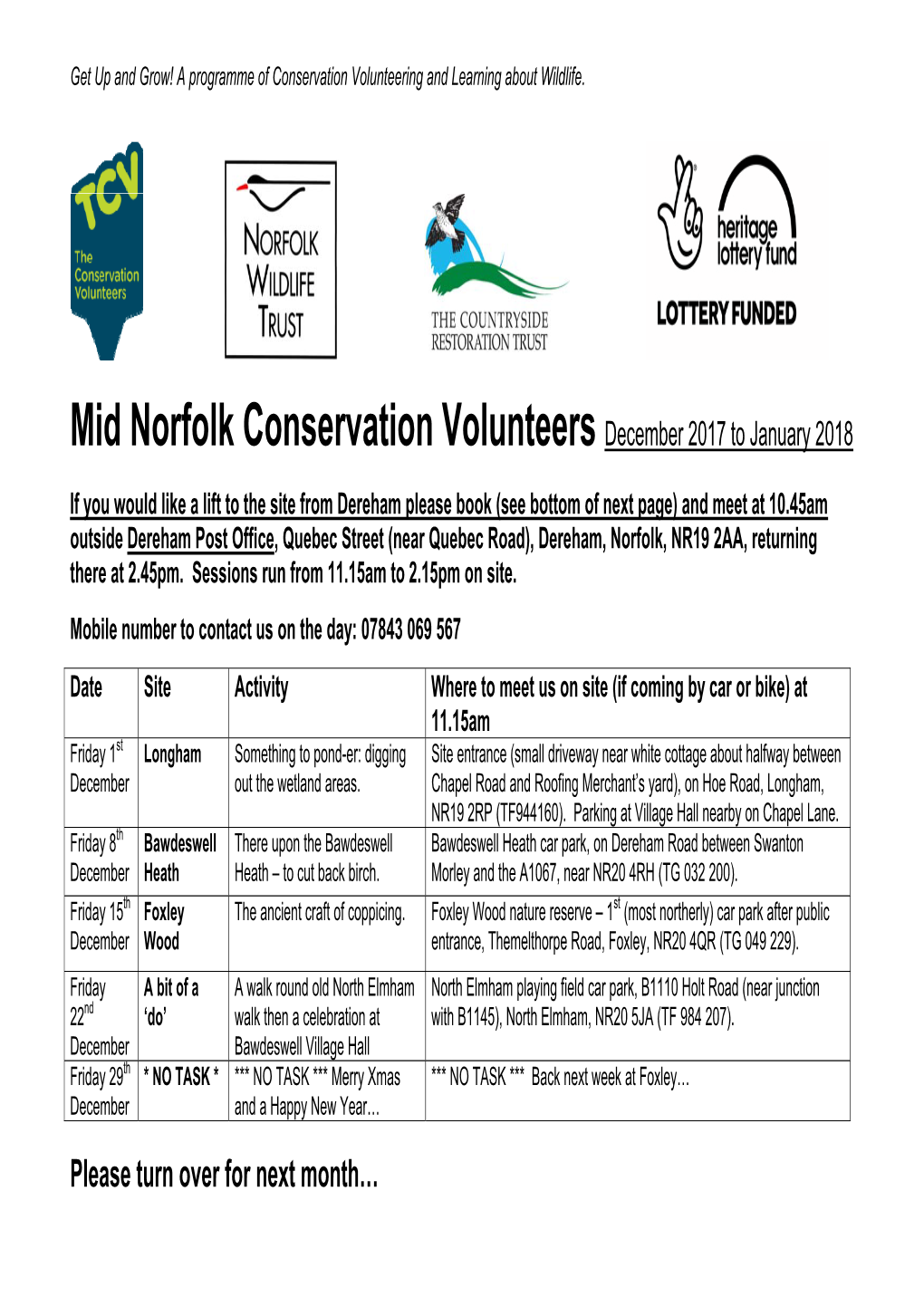 Mid Norfolk Conservation Volunteers December 2017 to January 2018