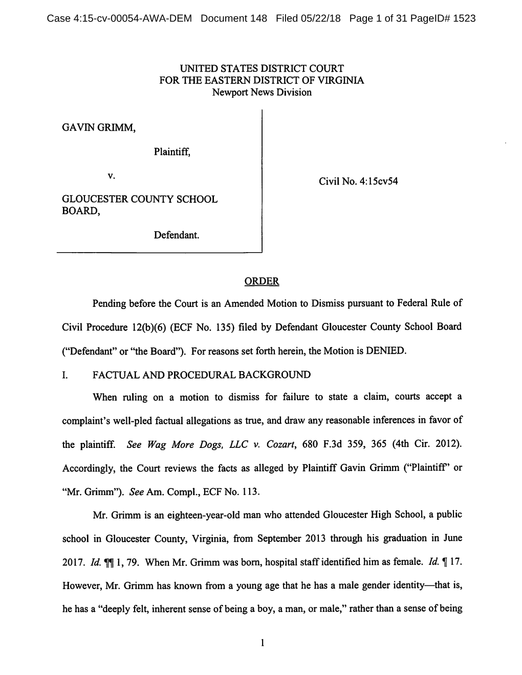 Gavin Grimm V. Gloucester County School Board