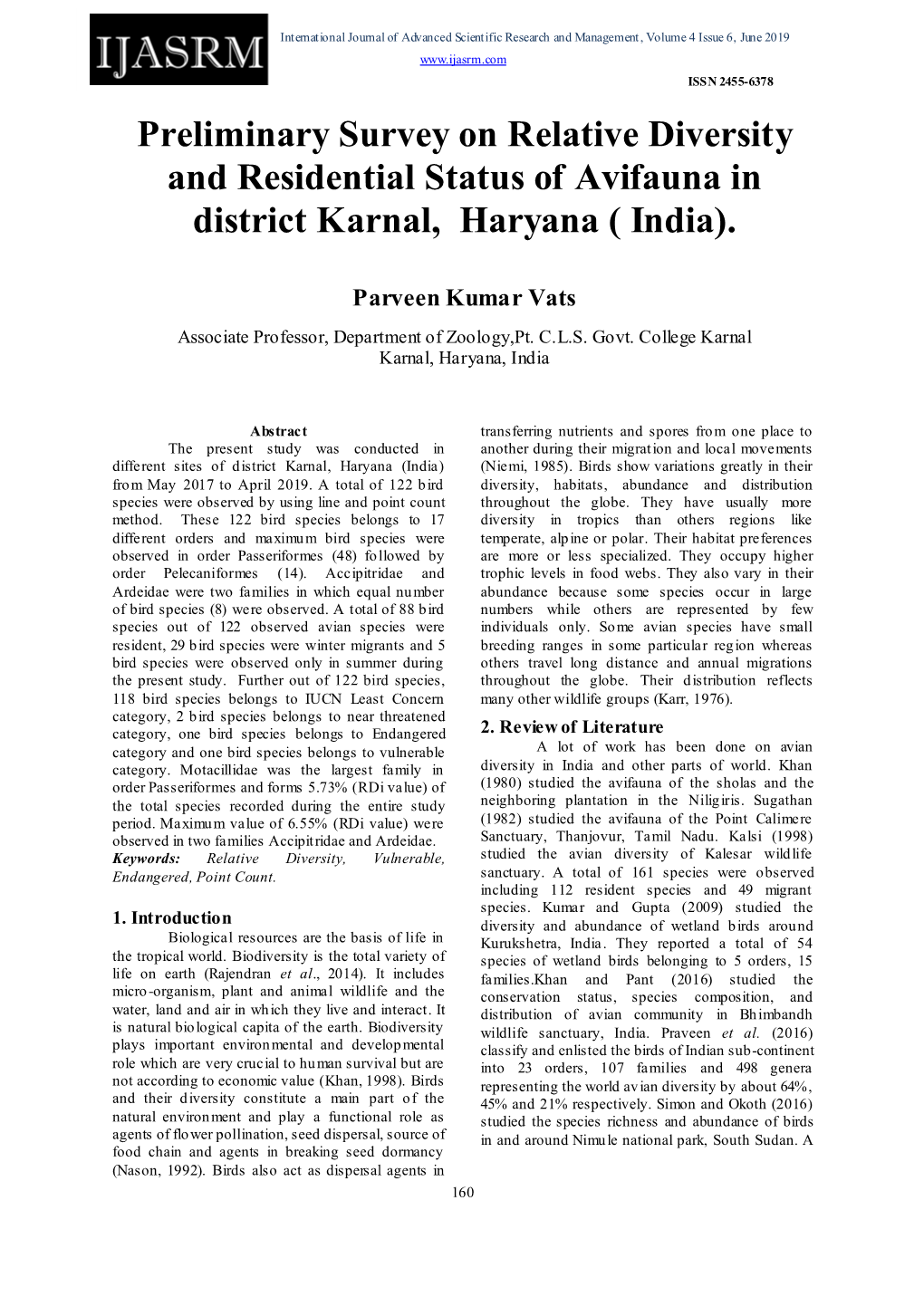 Preliminary Survey on Relative Diversity and Residential Status of Avifauna in District Karnal, Haryana ( India)