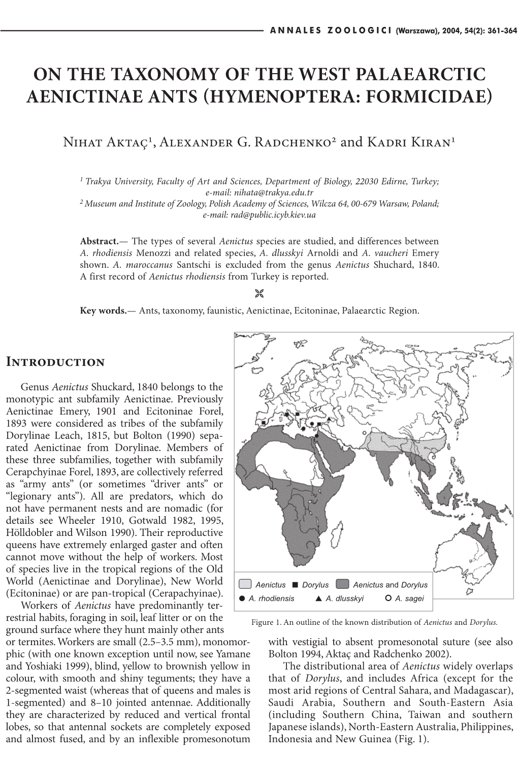 On the Taxonomy of the West Palaearctic Aenictinae Ants (Hymenoptera: Formicidae)