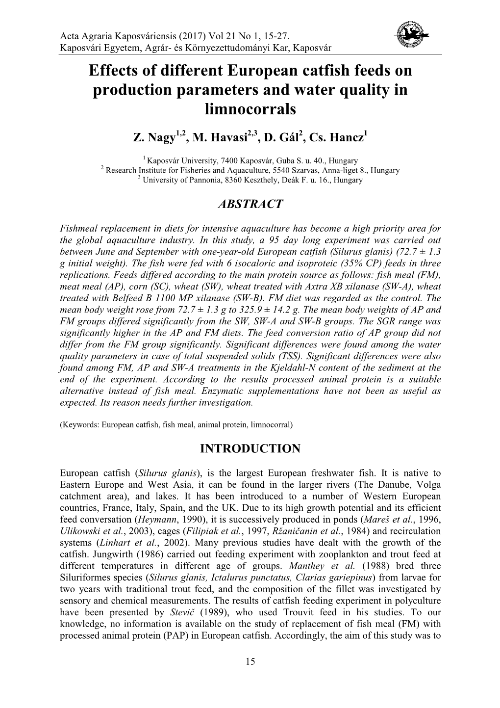 Effects of Different European Catfish Feeds on Production Parameters and Water Quality in Limnocorrals