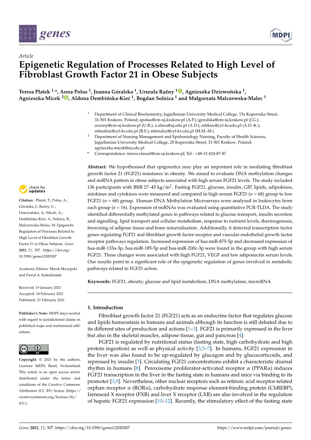 Epigenetic Regulation of Processes Related to High Level of Fibroblast Growth Factor 21 in Obese Subjects