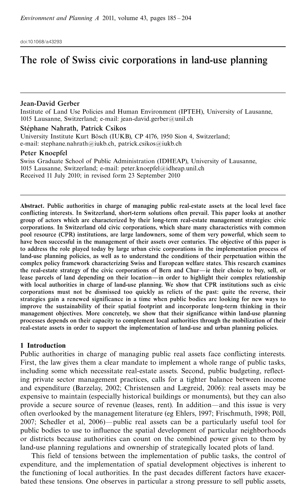 The Role of Swiss Civic Corporations in Land-Use Planning