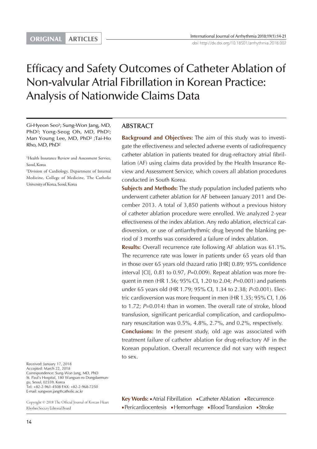 Efficacy and Safety Outcomes of Catheter Ablation of Non-Valvular Atrial Fibrillation in Korean Practice: Analysis of Nationwide Claims Data