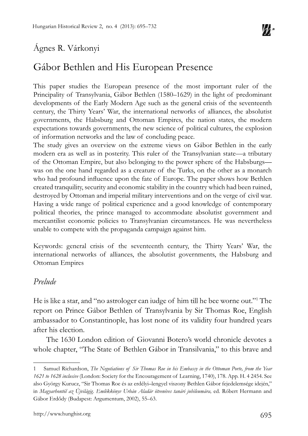 Gábor Bethlen and His European Presence