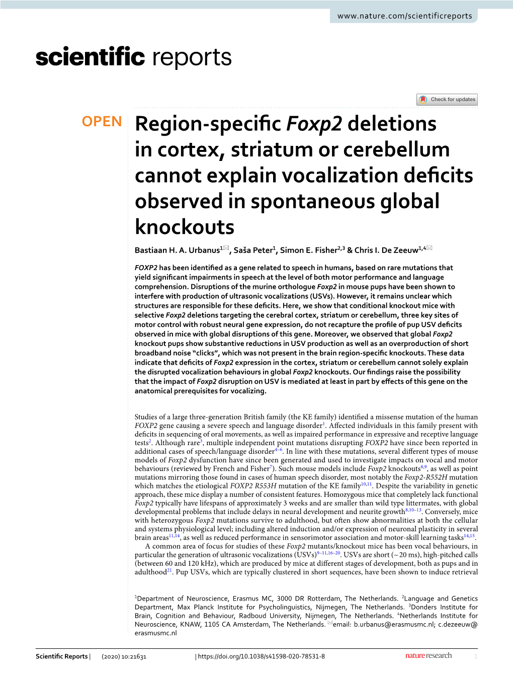 Region-Specific Foxp2 Deletions in Cortex, Striatum Or Cerebellum