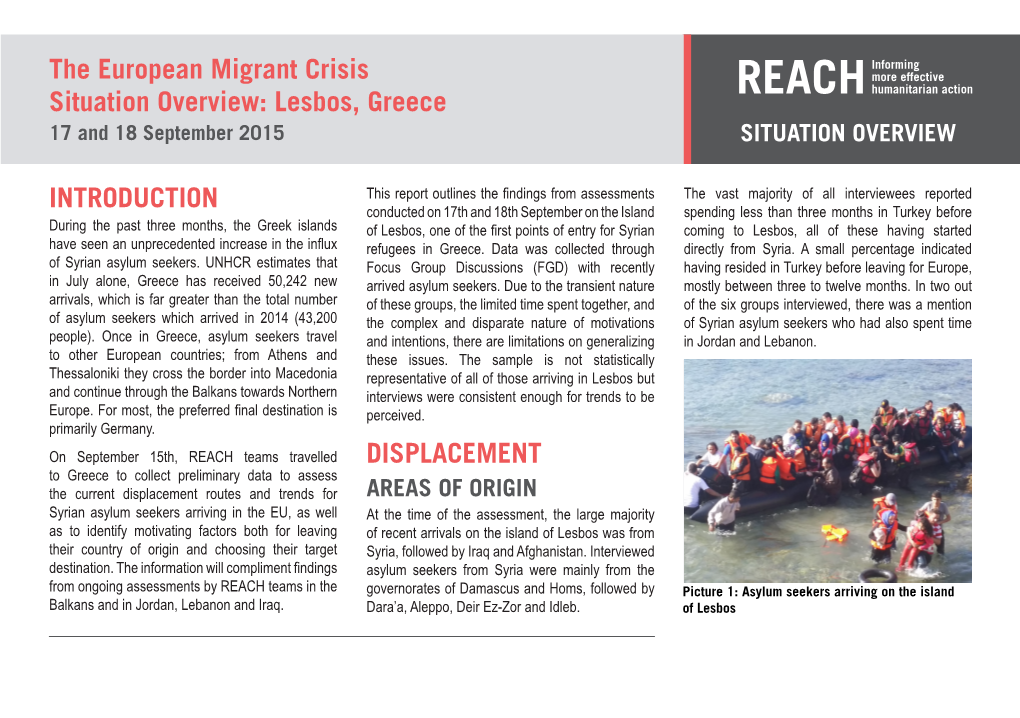 Lesbos, Greece REACH Humanitarian Action 17 and 18 September 2015 SITUATION OVERVIEW