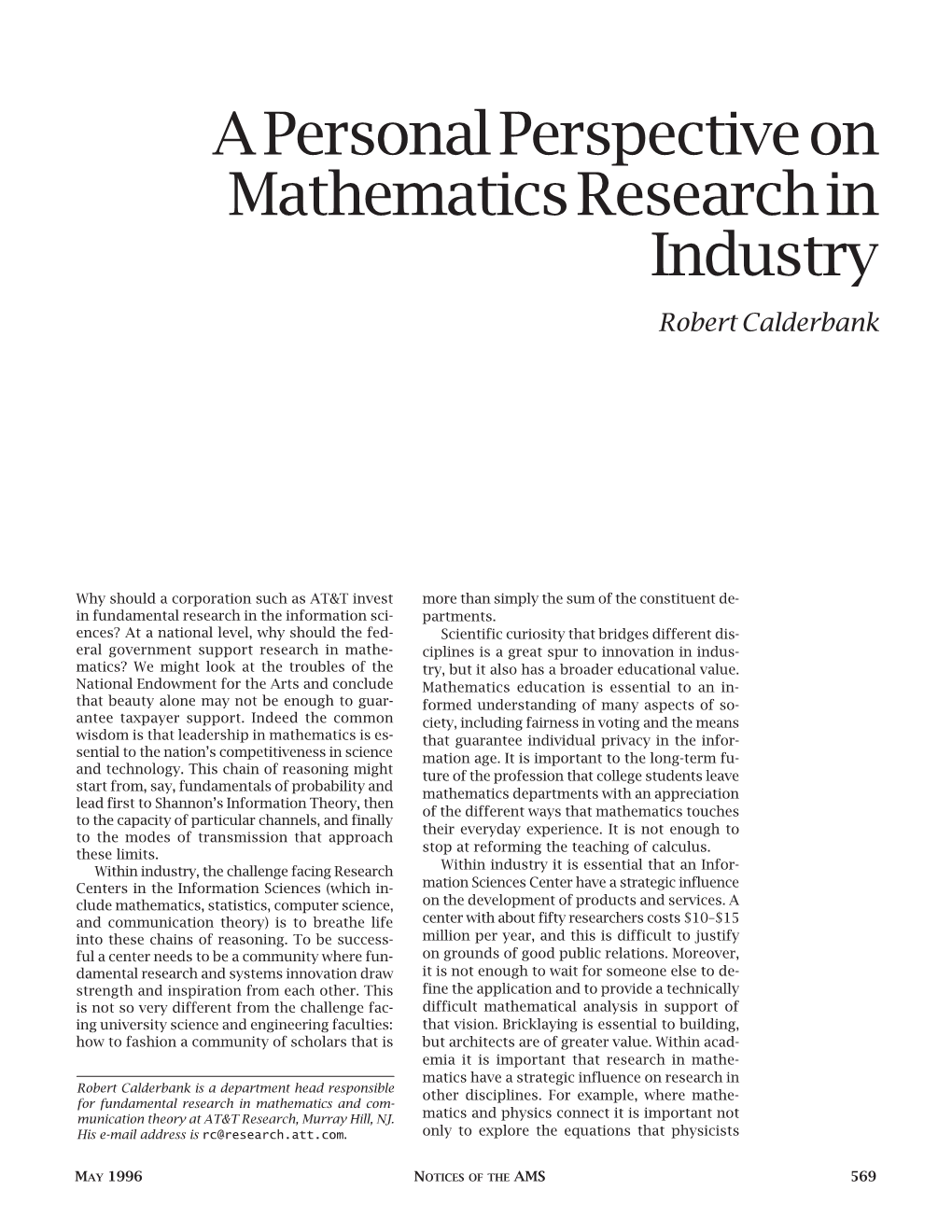 A Personal Perspective on Mathematics Research in Industry Robert Calderbank