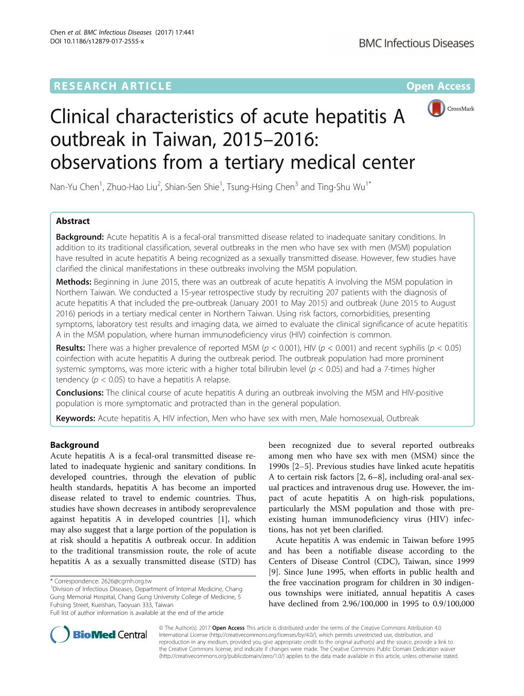 Clinical Characteristics of Acute Hepatitis a Outbreak in Taiwan, 2015–2016: Observations from a Tertiary Medical Center