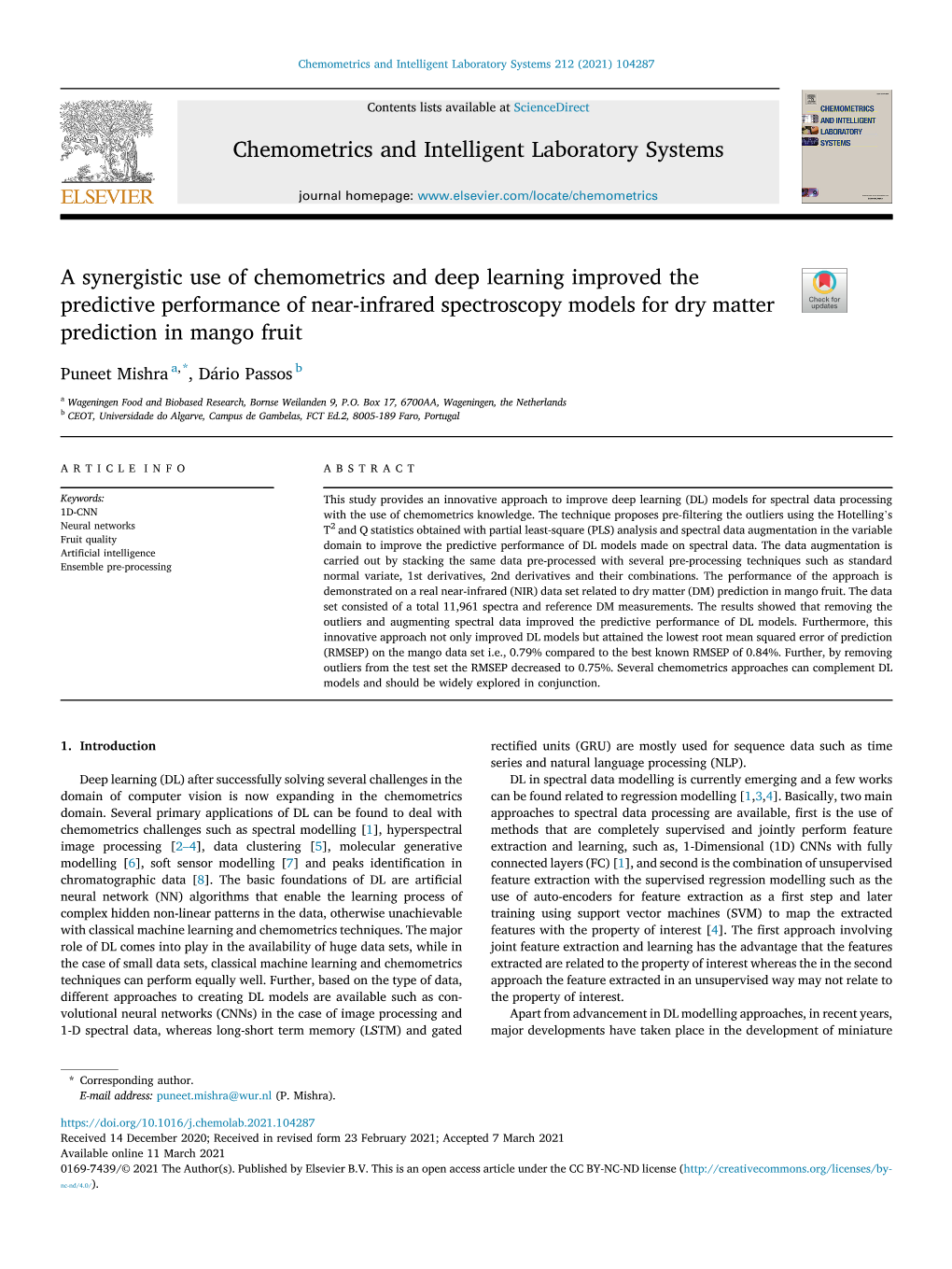 A Synergistic Use of Chemometrics and Deep Learning Improved the Predictive Performance of Near-Infrared Spectroscopy Models for Dry Matter Prediction in Mango Fruit