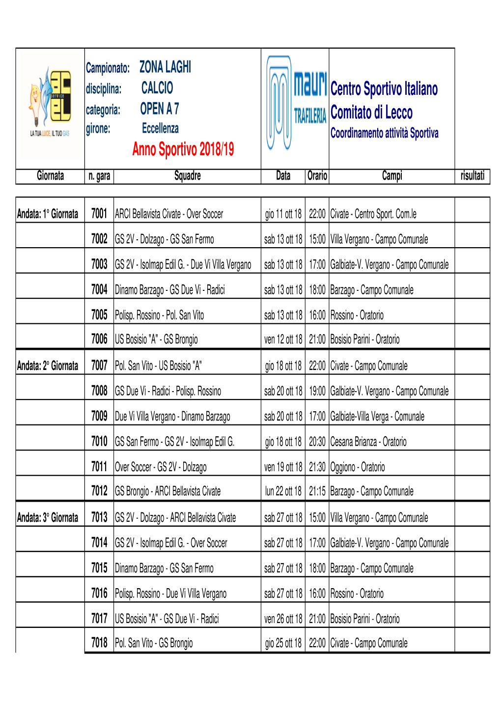 Calendario Open Eccellenza