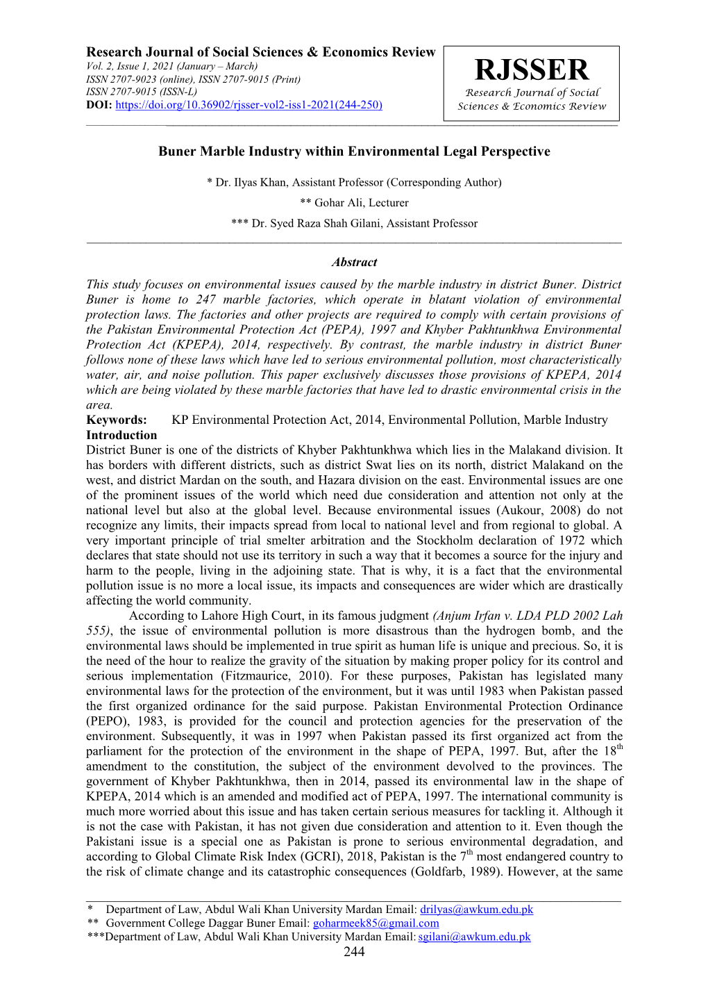 RJSSER ISSN 2707-9015 (ISSN-L) Research Journal of Social DOI: Scienc Es & Economics Review ______