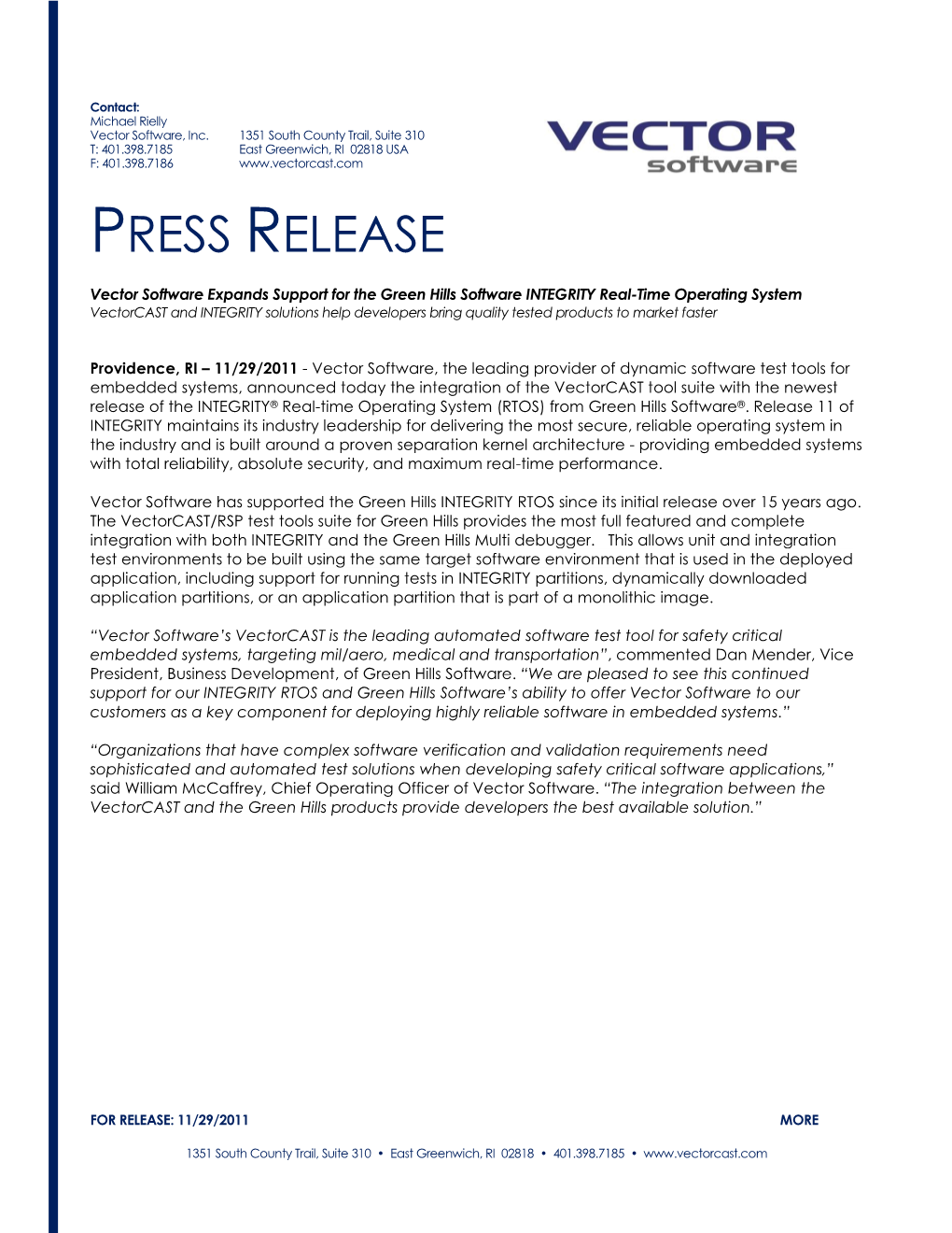 Vector Software Expands Support for the Green Hills Software