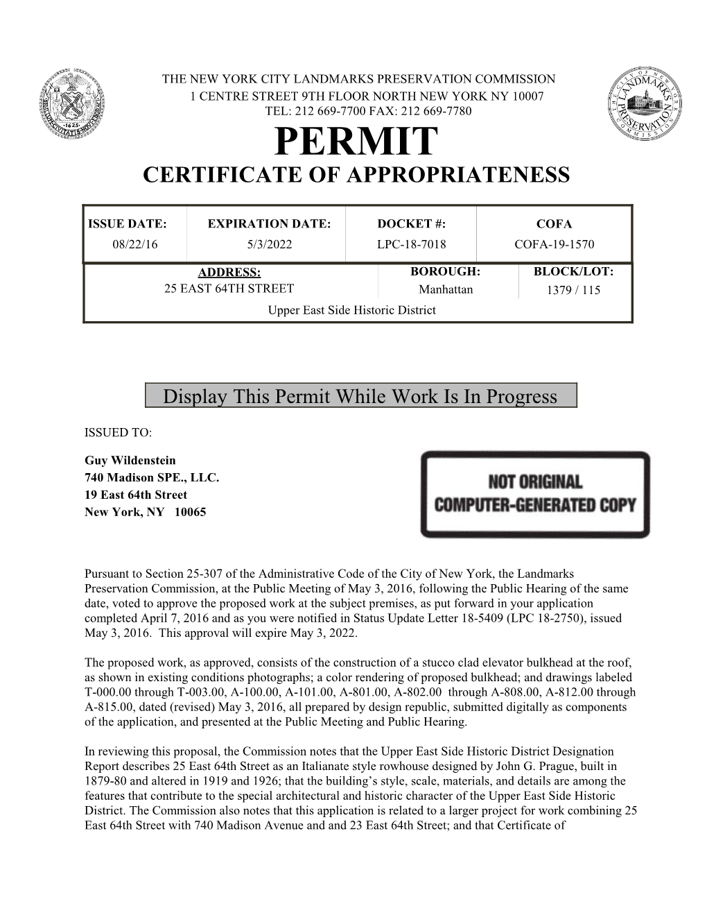 Permit Certificate of Appropriateness