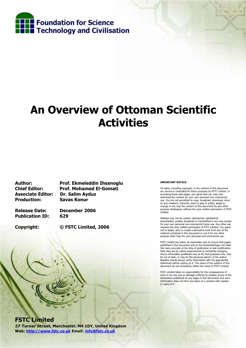 An Overview of Ottoman Scientific Activities December 2006