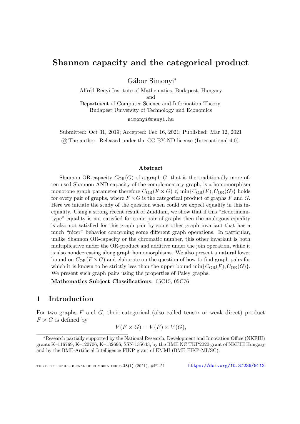 Shannon Capacity and the Categorical Product