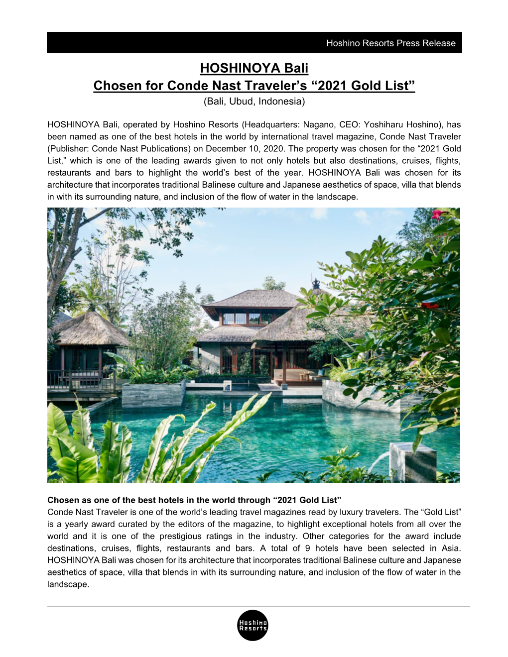 HOSHINOYA Bali Chosen for Conde Nast Traveler's “2021 Gold List”