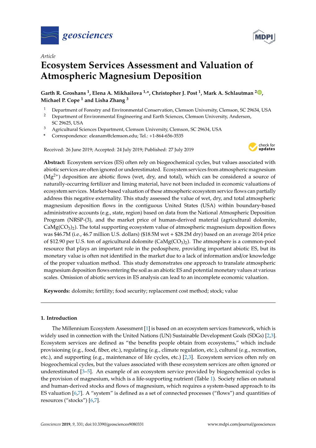 Ecosystem Services Assessment and Valuation of Atmospheric Magnesium Deposition