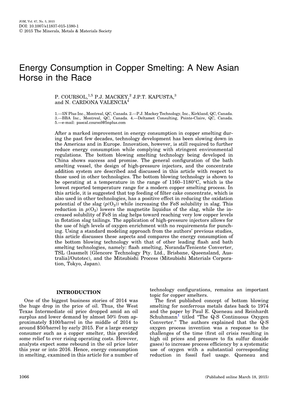 Energy Consumption in Copper Smelting: a New Asian Horse in the Race