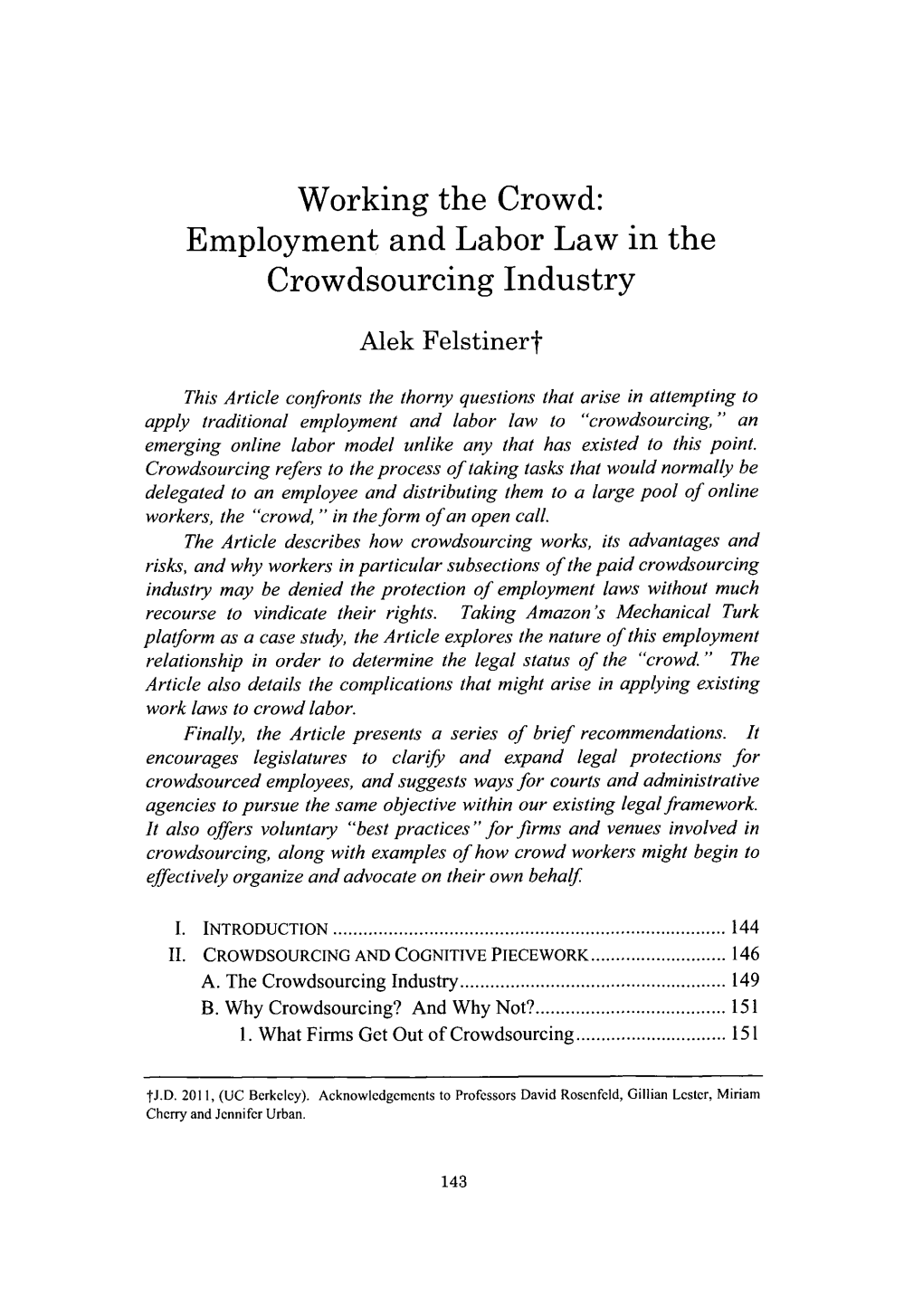 Employment and Labor Law in the Crowdsourcing Industry