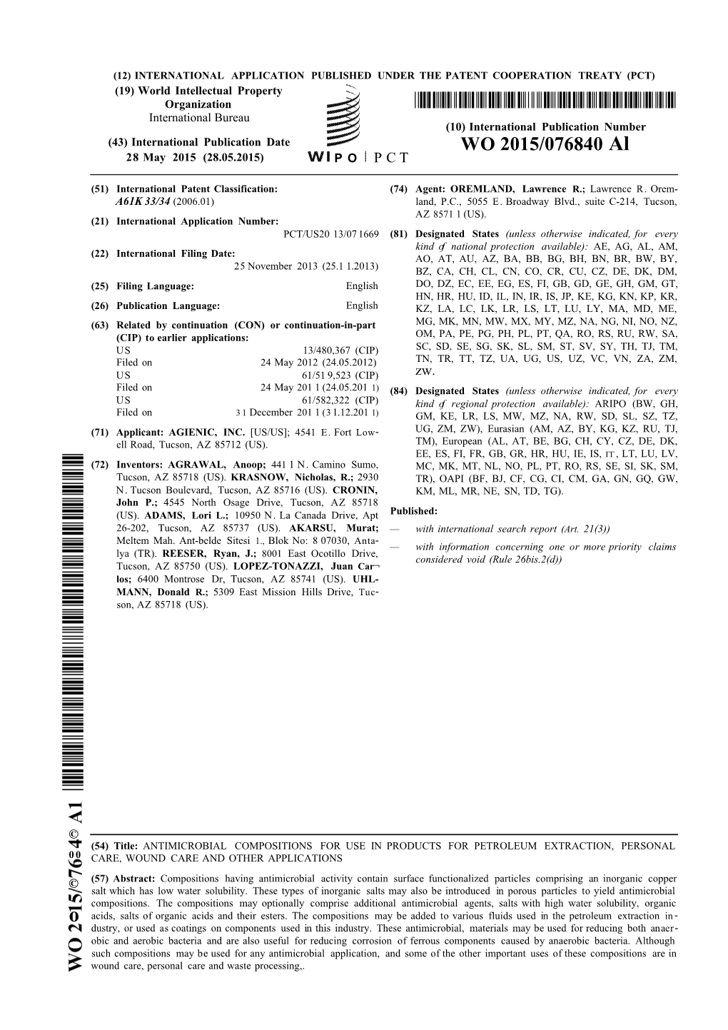 WO 2015/076840 Al 28 May 2015 (28.05.2015) P O P C T