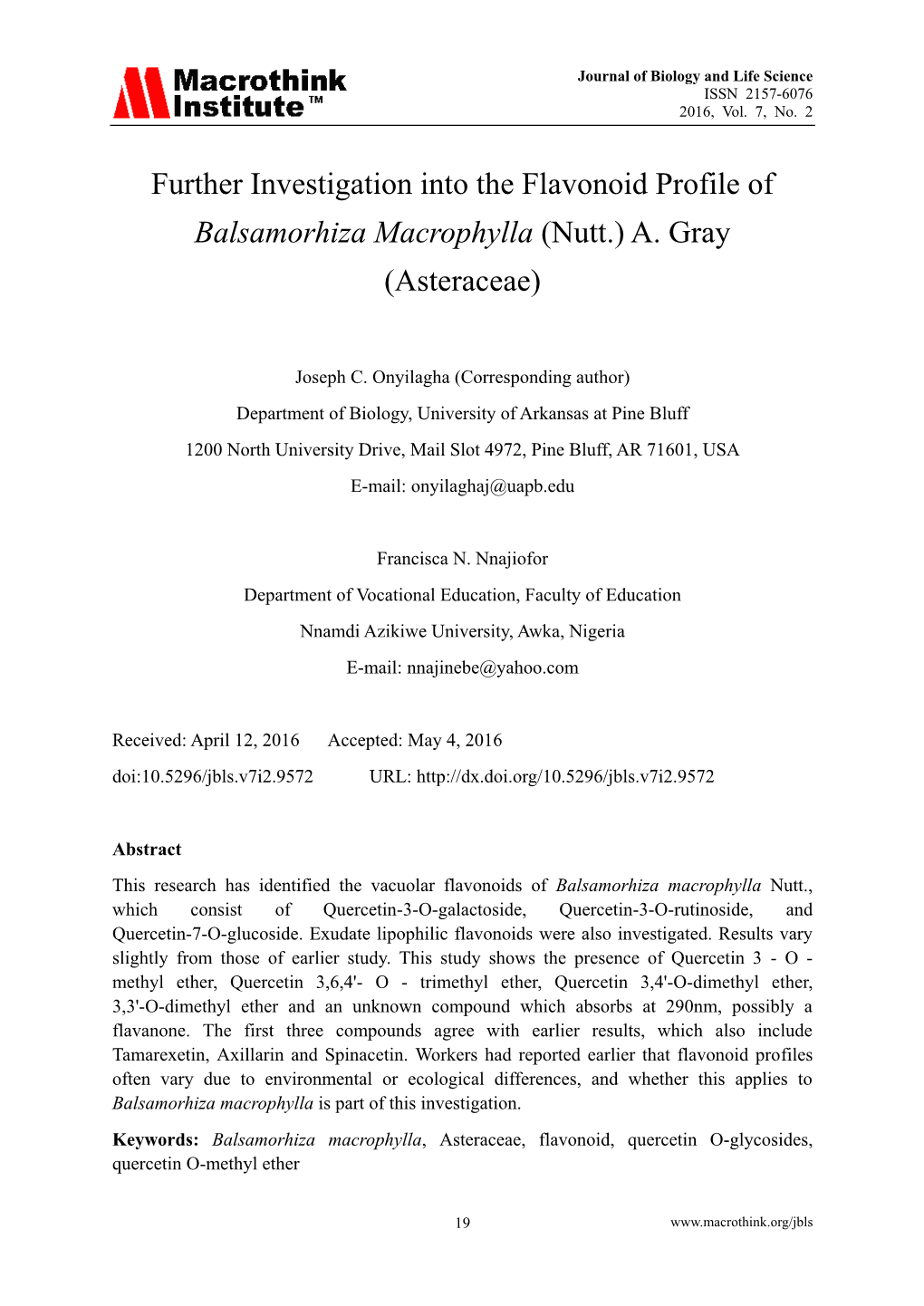 Further Investigation Into the Flavonoid Profile of Balsamorhiza Macrophylla (Nutt.) A. Gray (Asteraceae)