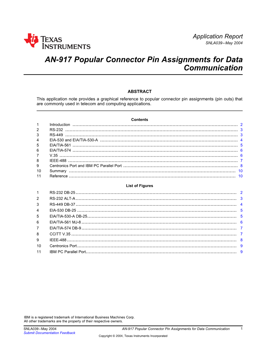 AN-917 Popular Connector Pin Assignments for Data Communication