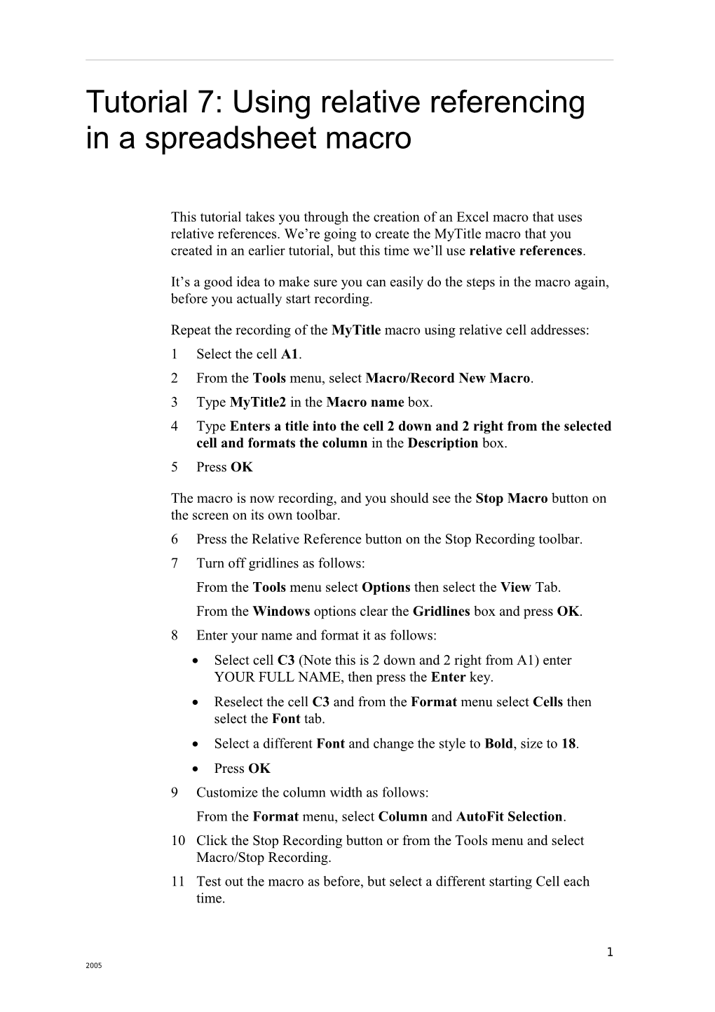 Tutorial 7 Understanding Absolute and Relative Recording in a Spreadsheet Macro