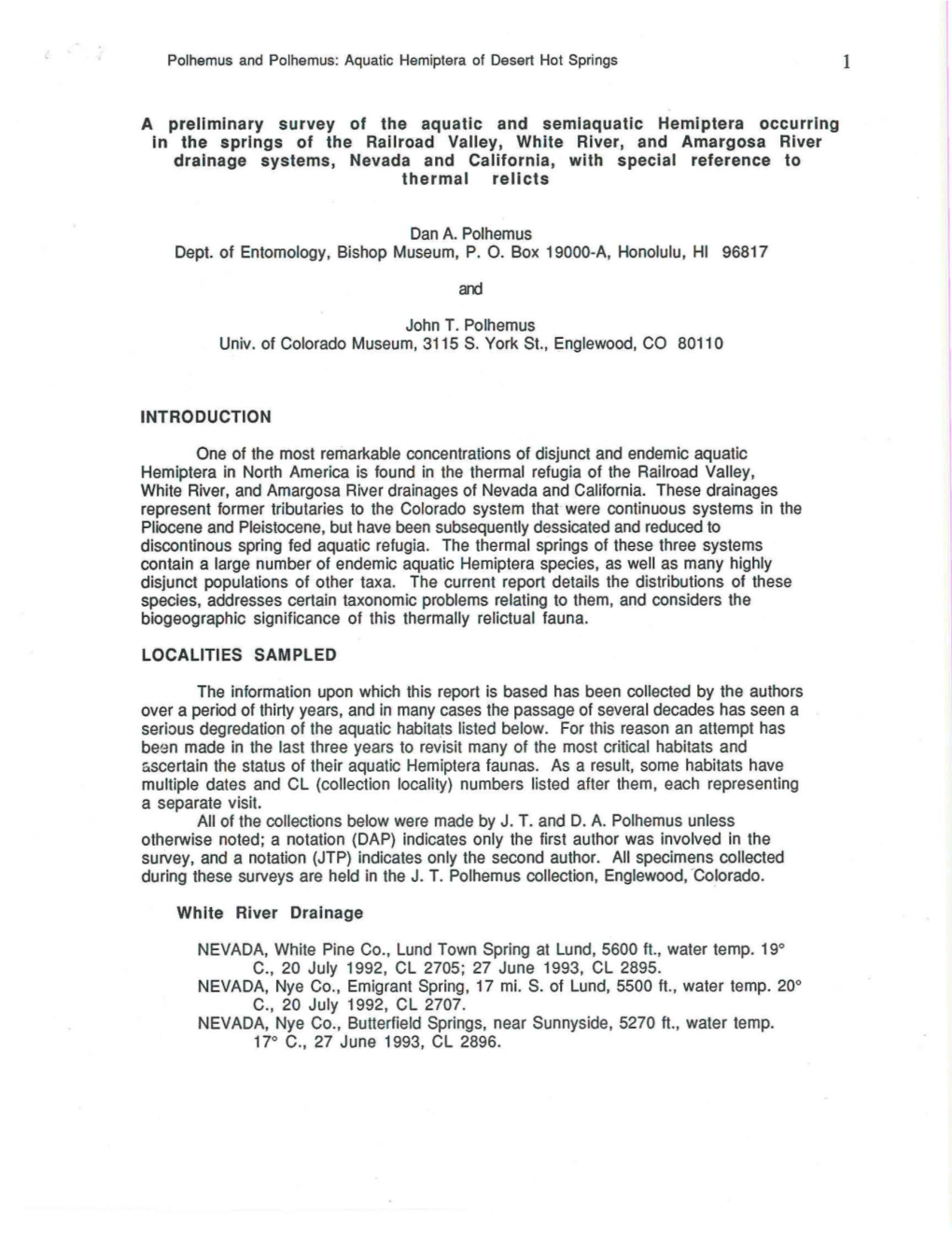 A Preliminary Survey of the Aquatic and Semiaquatic Hemiptera