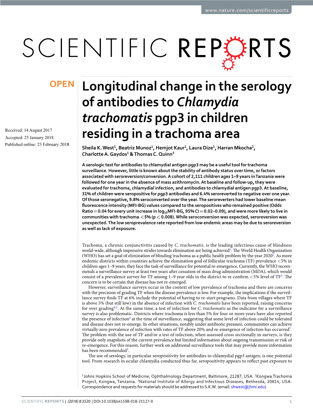 Longitudinal Change in the Serology of Antibodies to Chlamydia Trachomatis Pgp3 in Children Residing in a Trachoma Area