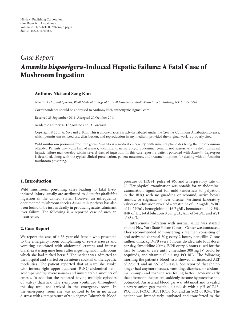 Amanita Bisporigera-Induced Hepatic Failure: a Fatal Case of Mushroom Ingestion