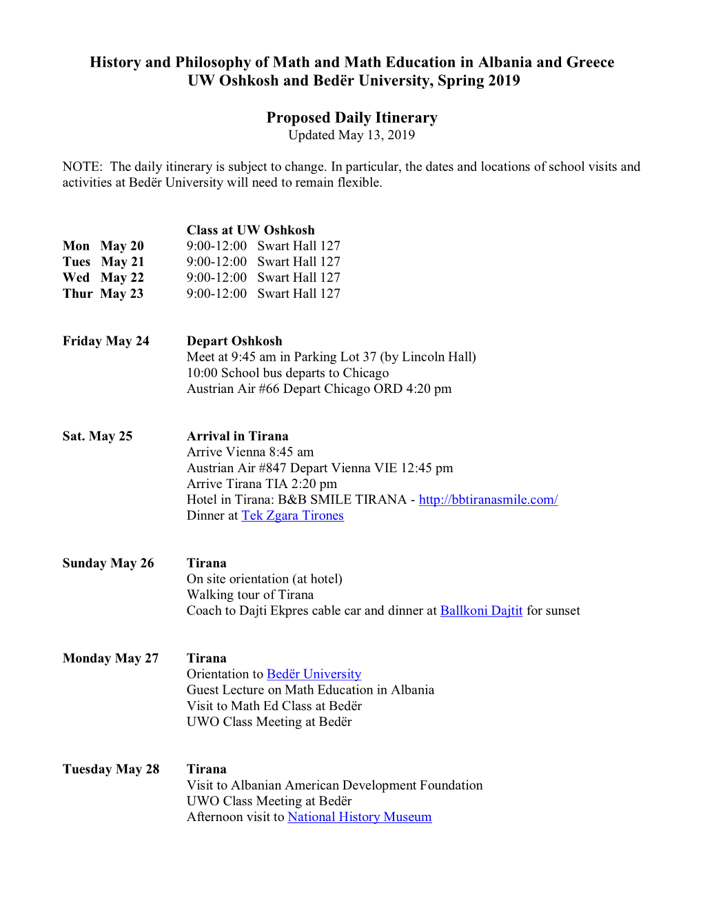 Daily Itinerary from 2019 Trip