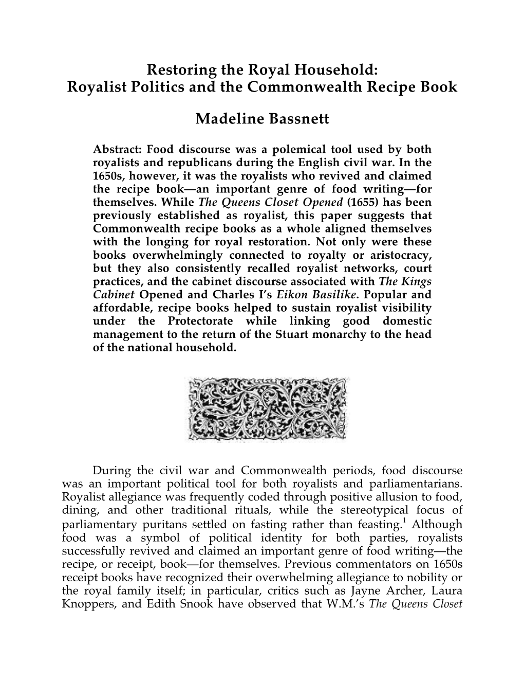 Restoring the Royal Household: Royalist Politics and the Commonwealth Recipe Book