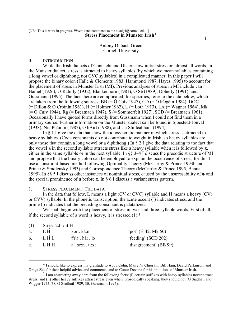 Stress Placement in Munster Irish* 1 Antony Dubach Green Cornell University