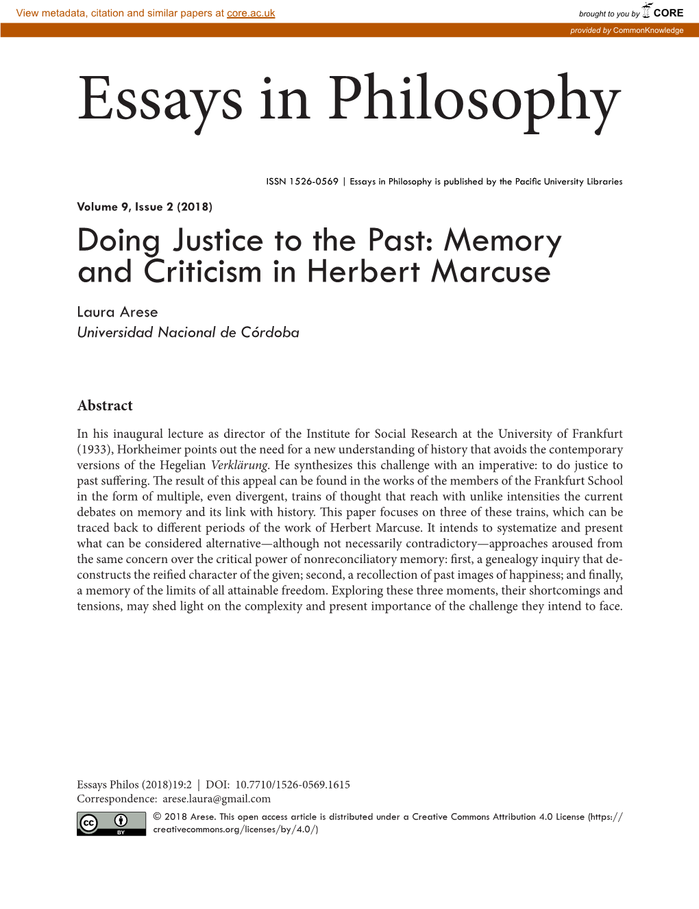 Memory and Criticism in Herbert Marcuse Laura Arese Universidad Nacional De Córdoba