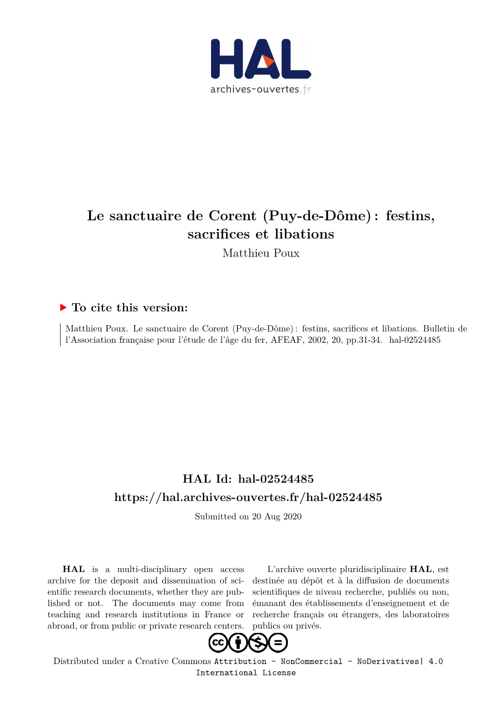 Le Sanctuaire De Corent (Puy-De-Dôme) : Festins, Sacrifices Et Libations Matthieu Poux