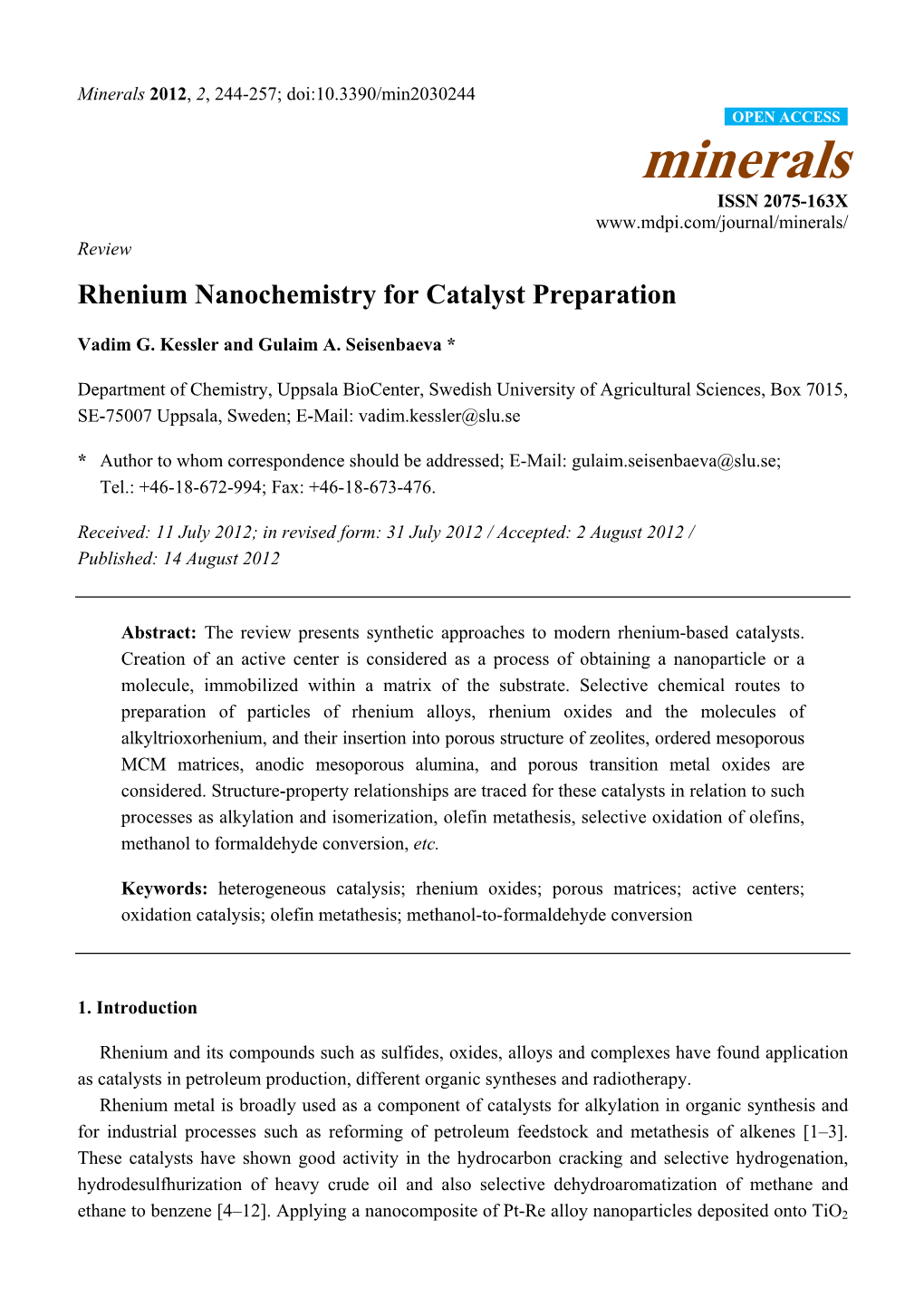 Rhenium Nanochemistry for Catalyst Preparation