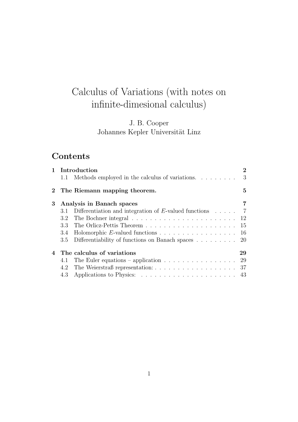 Calculus of Variations (With Notes on Infinite-Dimesional Calculus)