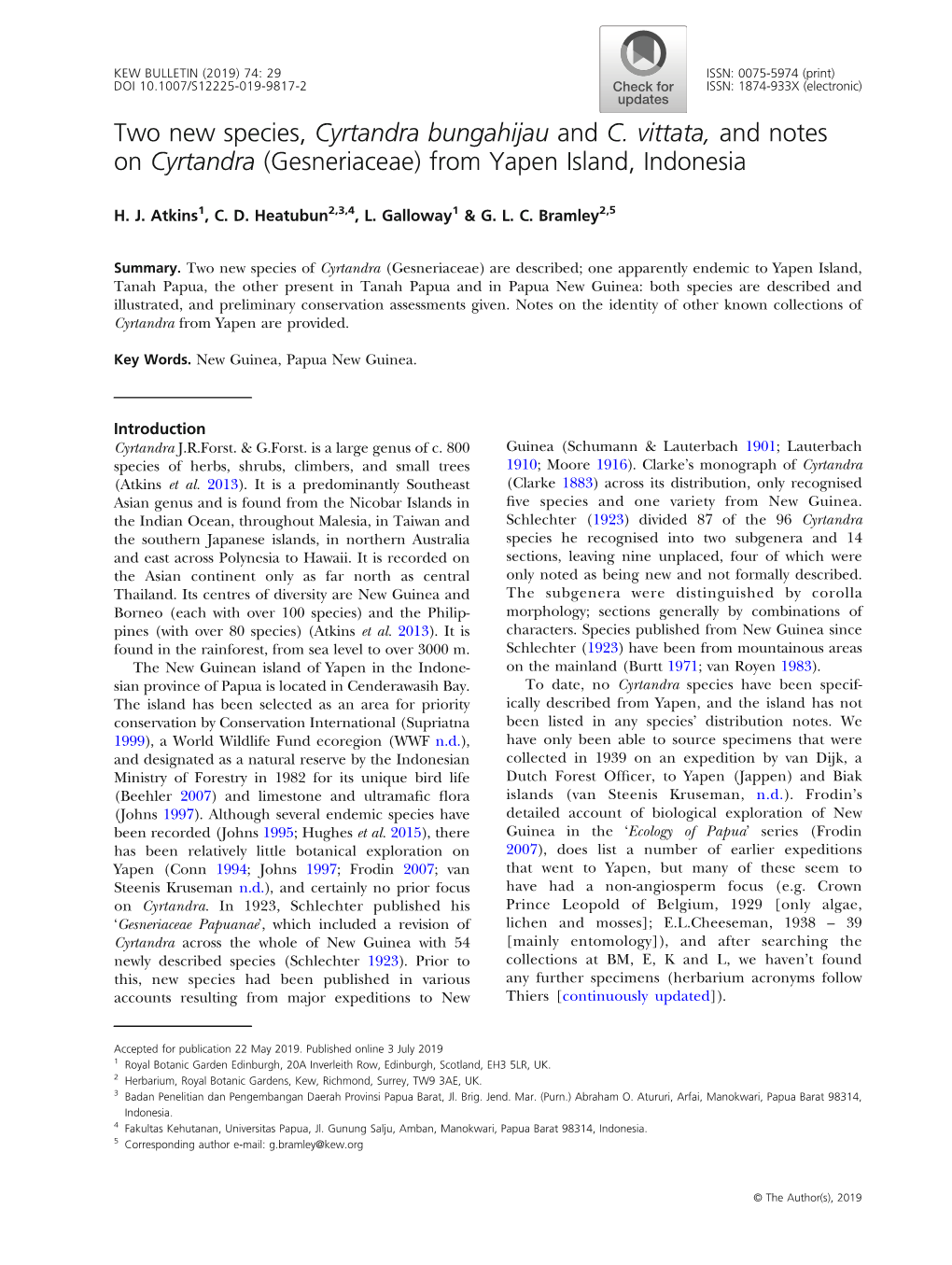 Two New Species, Cyrtandra Bungahijau and C. Vittata, and Notes on Cyrtandra (Gesneriaceae) from Yapen Island, Indonesia