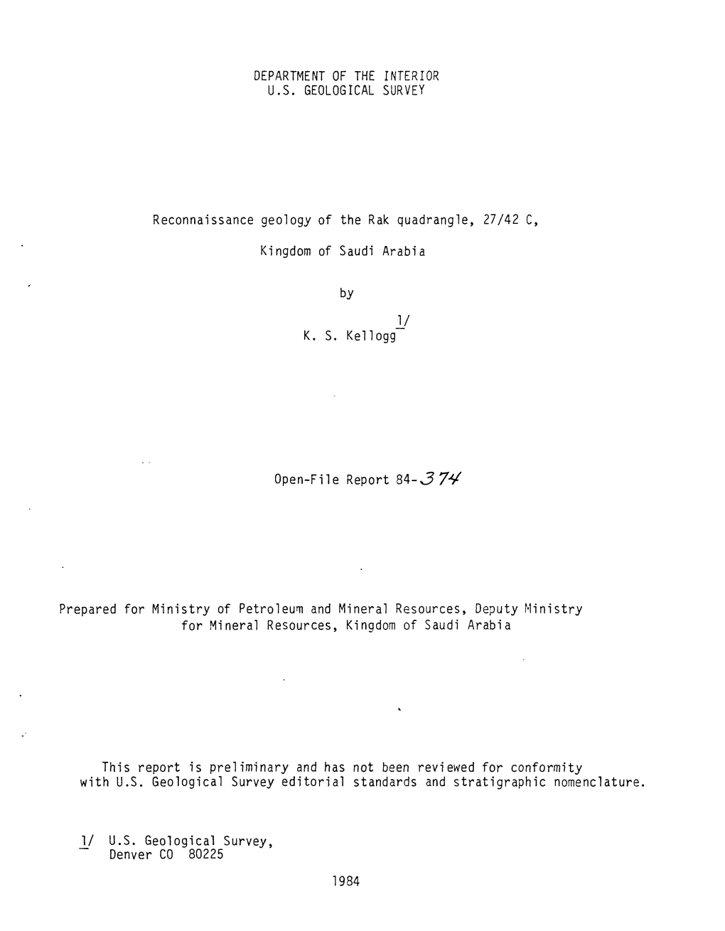 Reconnaissance Geology of the Rak Quadrangle, 27/42 C, Kingdom of Saudi Arabia