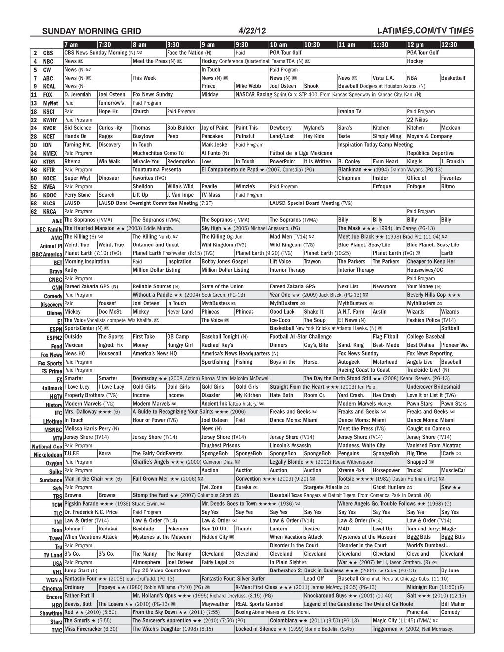 Sunday Morning Grid 4/22/12 Latimes.Com/Tv Times