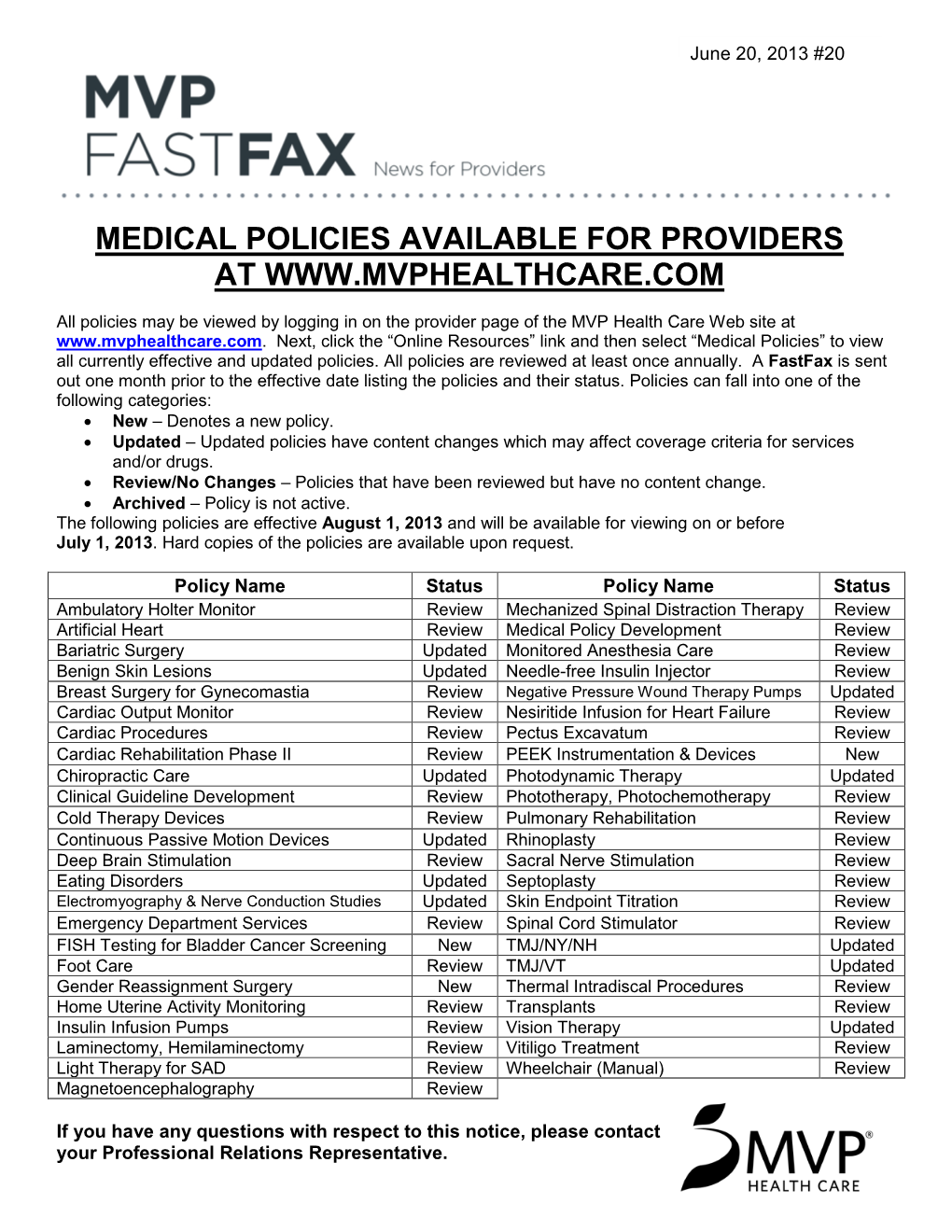 MVP Fastfax East #20: Medical Policies Available for Providers