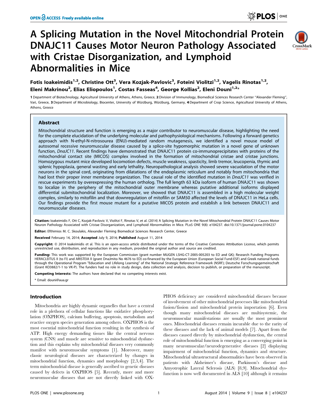 A Splicing Mutation in the Novel Mitochondrial Protein DNAJC11